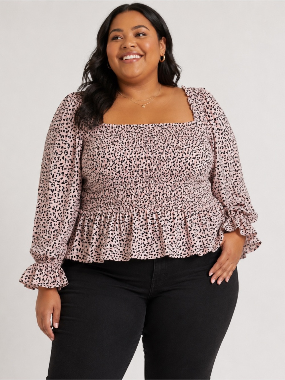 Who What Wear Pink Smocked Top With Black Leaves - Size XXL